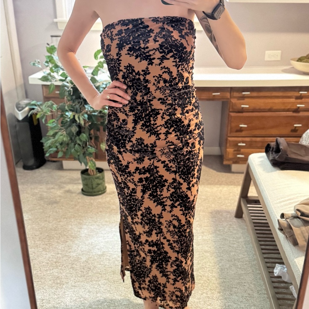 Navy and Tan Printed Floral Strapless Maxi Dress